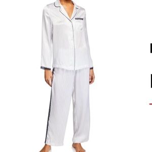 Neiman Marcus 110% Silk White Navy Pin Stripe Lace Side Pull On Pajamas Pant XL